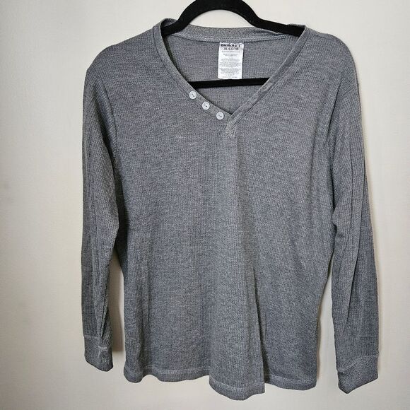 Isotoner Top Long Sleeve Thermal Gray Henley V-Neck Casual Neutral - Picture 1 of 7